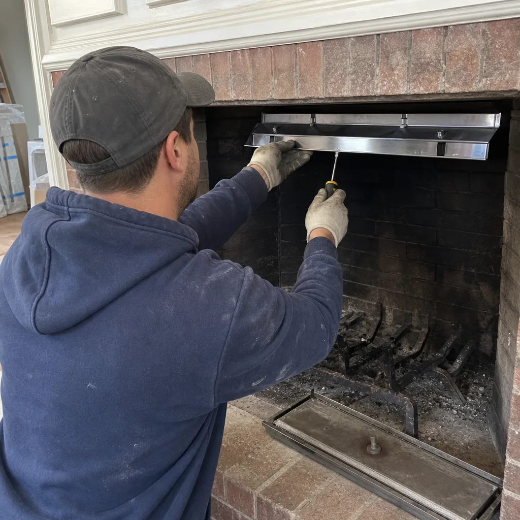 Technician installing a stainless steel fireplace chimney damper