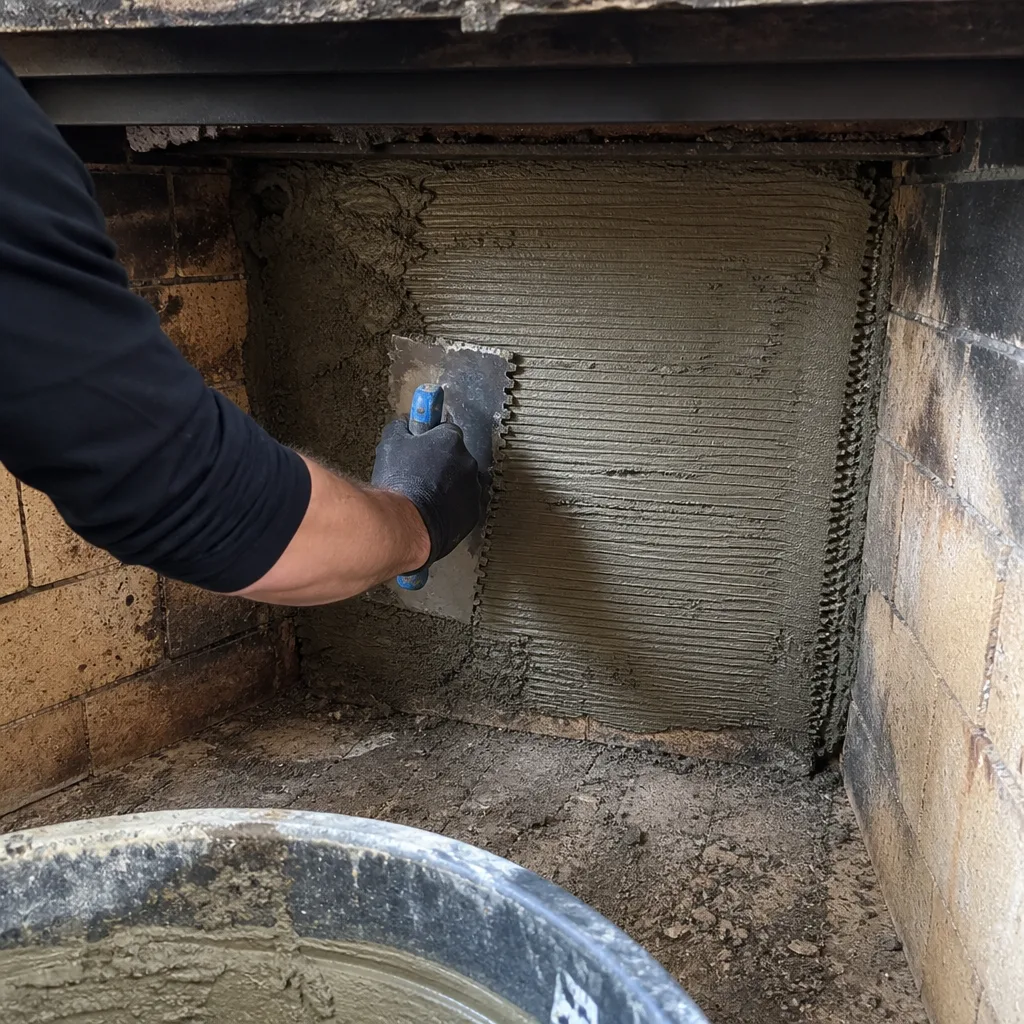 Professional applying mortar to fireplace interior wall