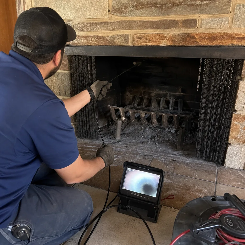 Professional chimney technician performing a video inspection of a fireplace