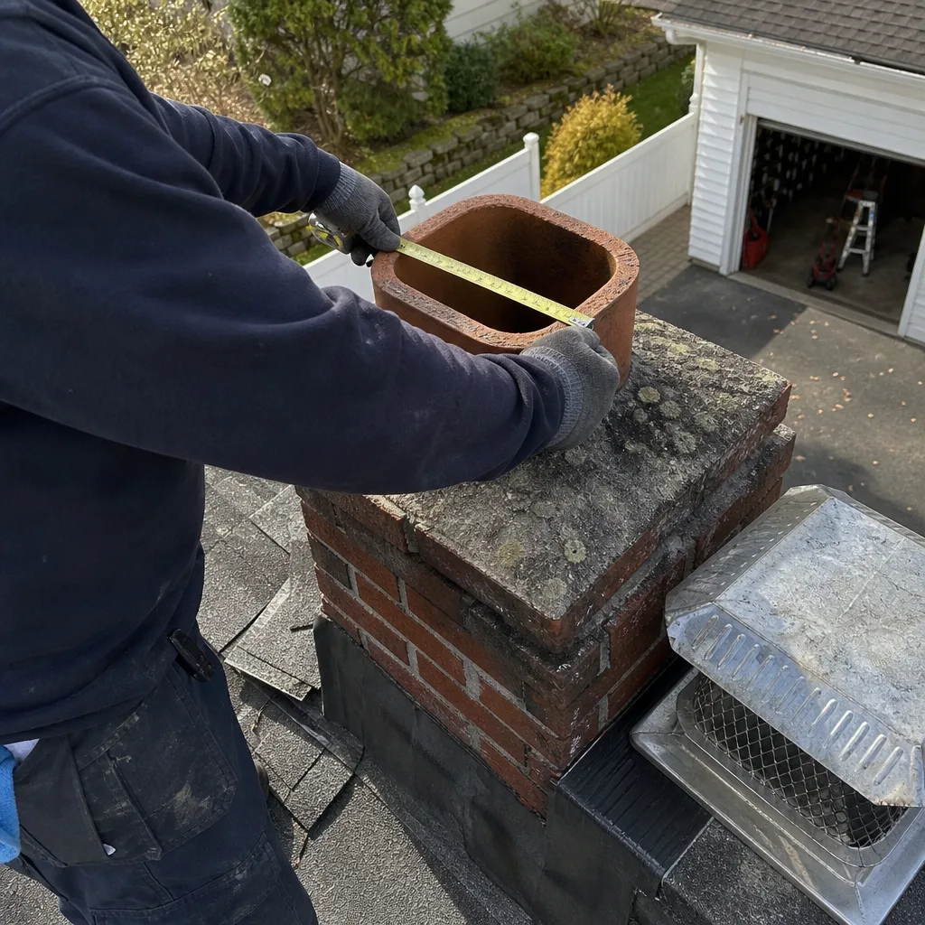 Technician measuring a chimney crown for a new chimney cap installation in Hempstead, NY