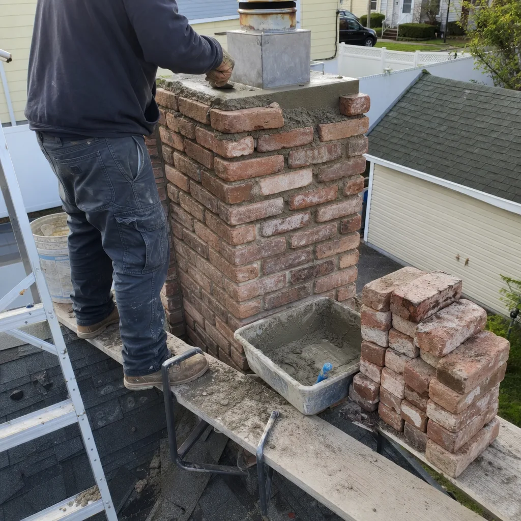 Mason rebuilding a residential brick chimney on a rooftop in Hempstead, NY