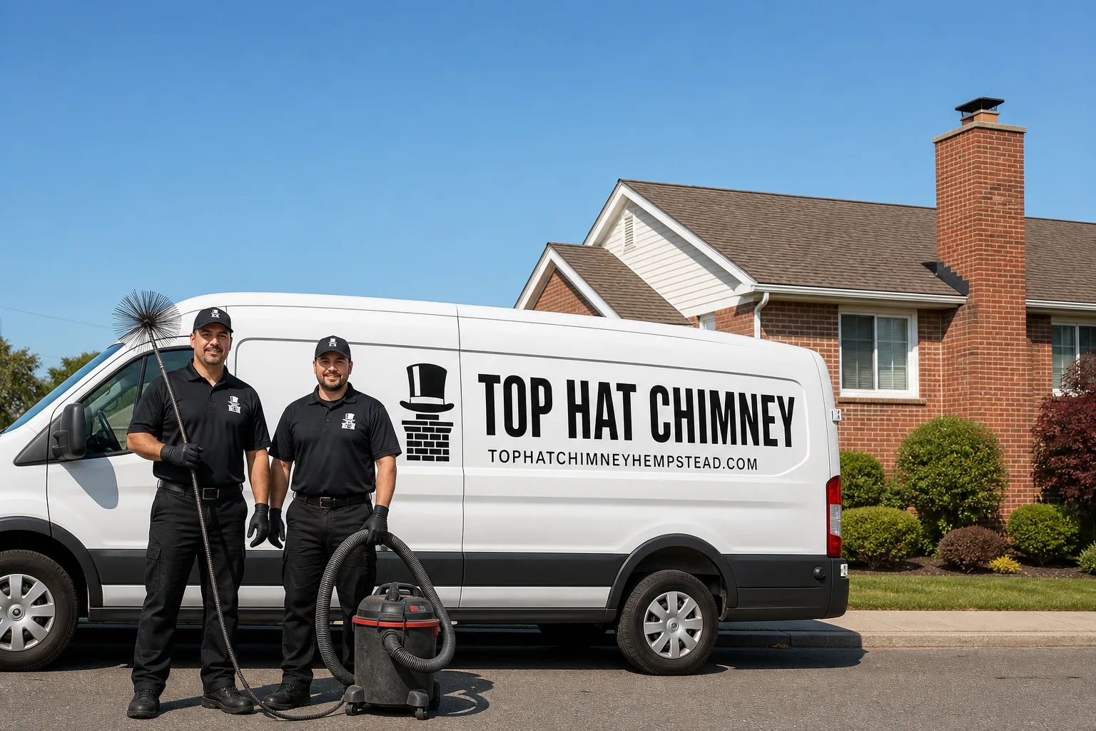 Top Hat Chimney chimney cleaning service vehicle and crew in Hempstead, NY